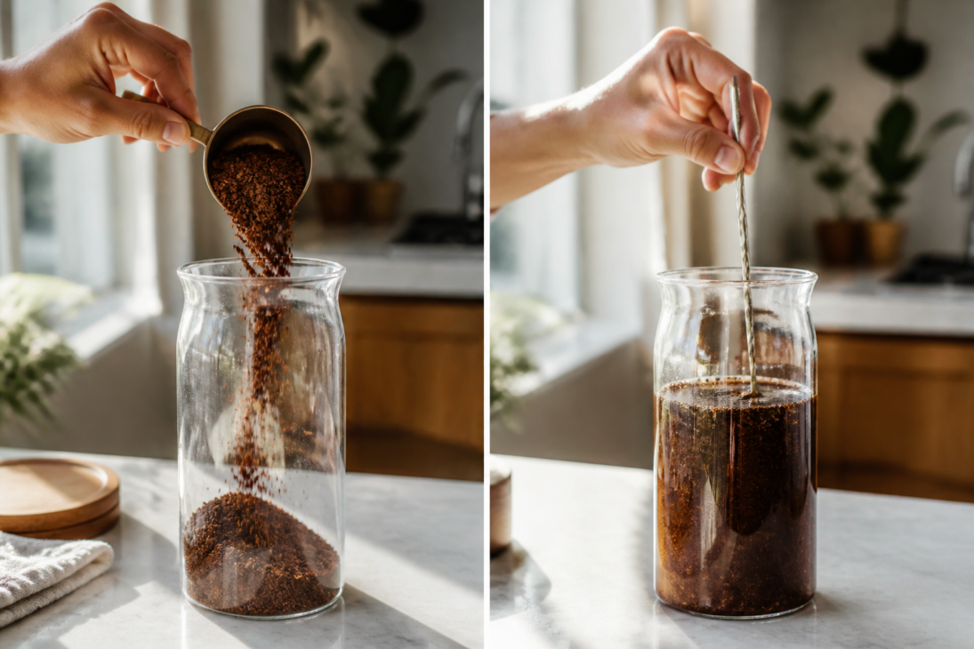 How to Make Smooth Cold Brew Coffee at Home (Without the Bitter Aftertaste) 5 Step 3: Steep the mixture for 10 to 20 hours; the slow interaction between water and beans pulls out caffeine and flavor while omitting bitter compounds.