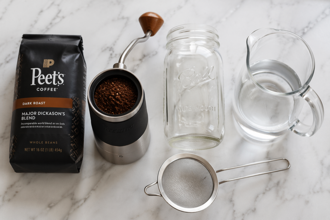 How to Make Smooth Cold Brew Coffee at Home (Without the Bitter Aftertaste) 4 Step 2: Combine the grounds and cold (or room-temperature) filtered water in your container; basic ratios can be adjusted to your desired strength.