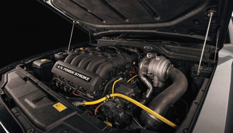 an underhood photo of a 6 7l power stroke diesel e