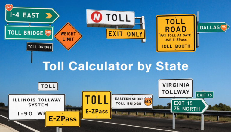 Toll Calculator by State 1 collage of us toll road signs from multiple states