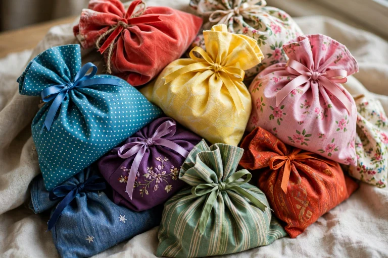 12 Easy Christmas Sewing Projects 6 fabric gift bags pile