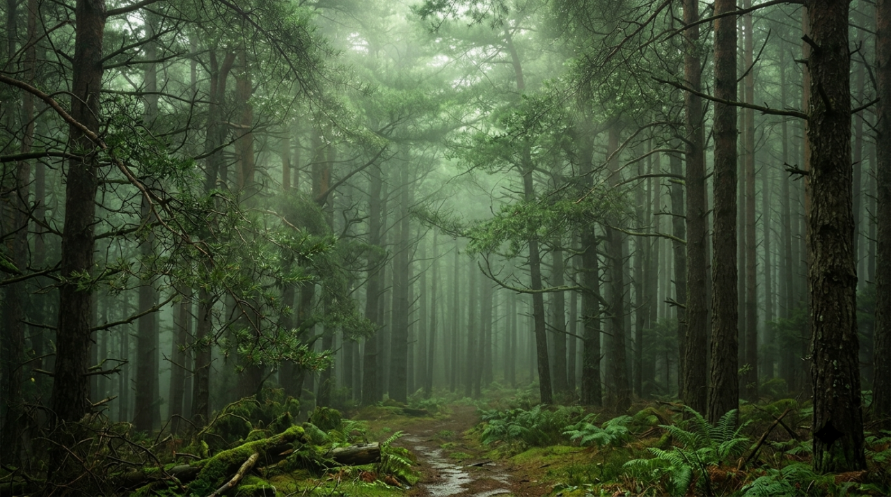 001 dense misty pine forest canopy with soft v1