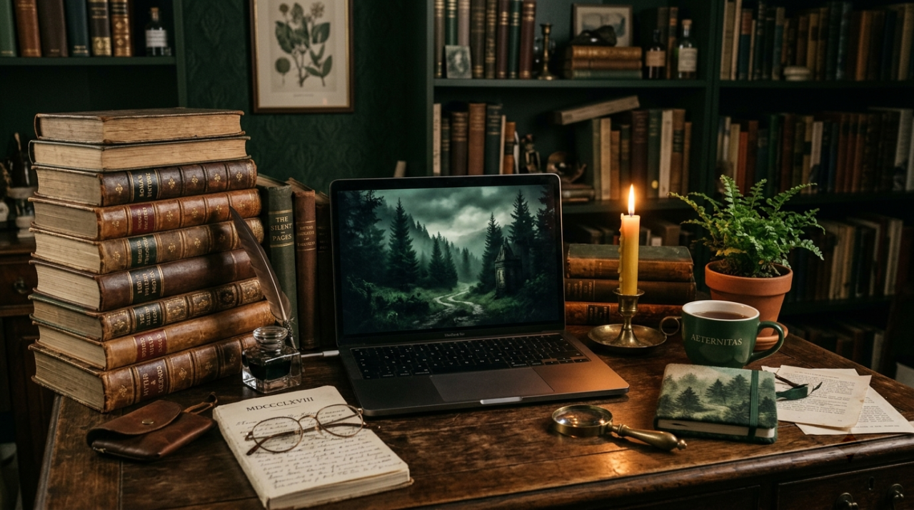 004 4 dark academia desk scene with stacked v1