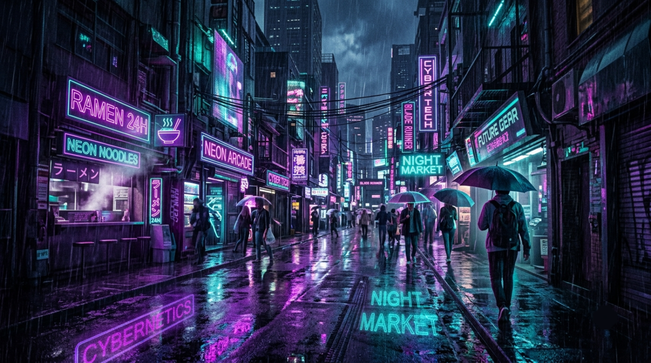 006 6 cyberpunk neon rain street with purple v1