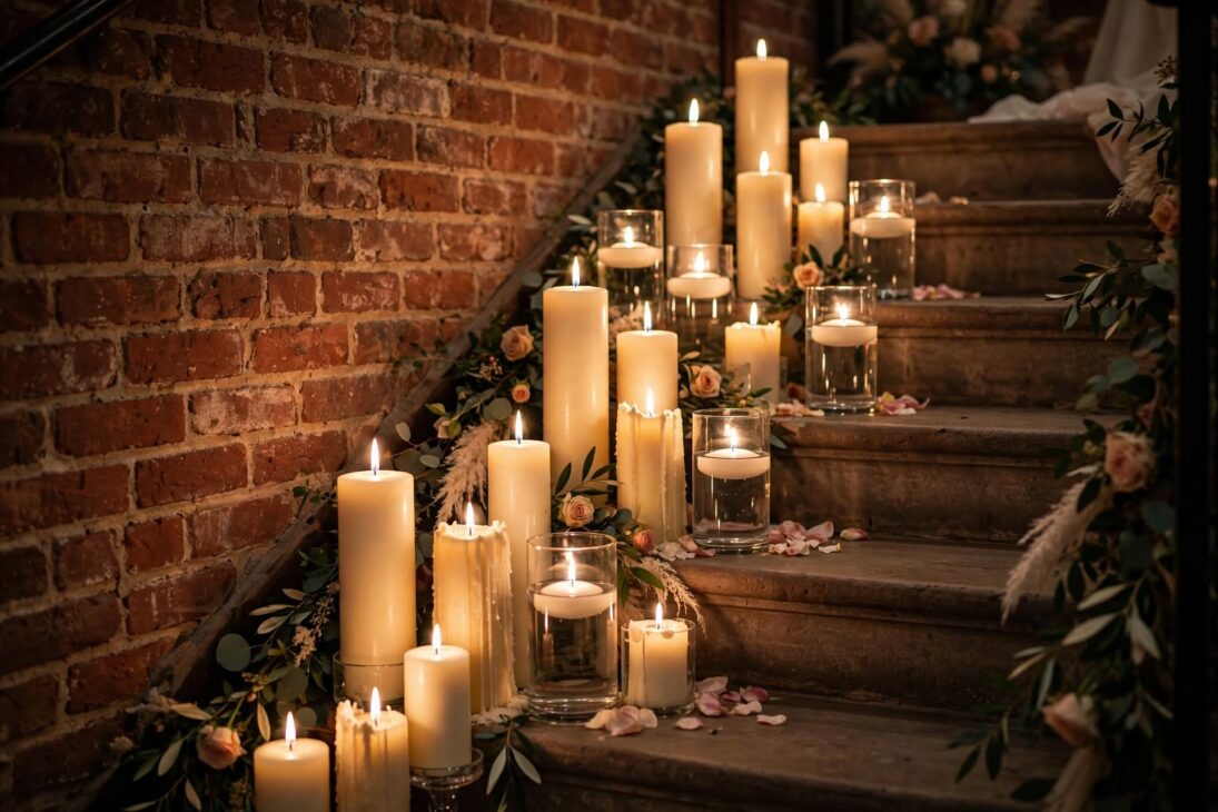 candlelit brick staircase